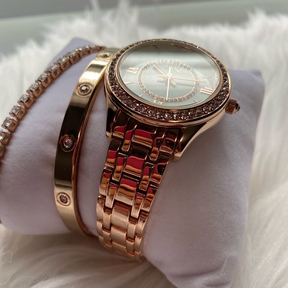 Diamonique Watch With Bracelets Rose Gold